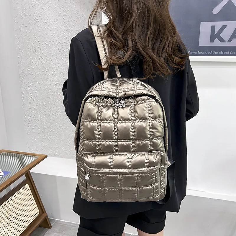 Backpack Women\'s New Korean Fashion Space Cotton Backpack Diamond Designer Thread Shoulder Bag Large Capacity Down School Bag