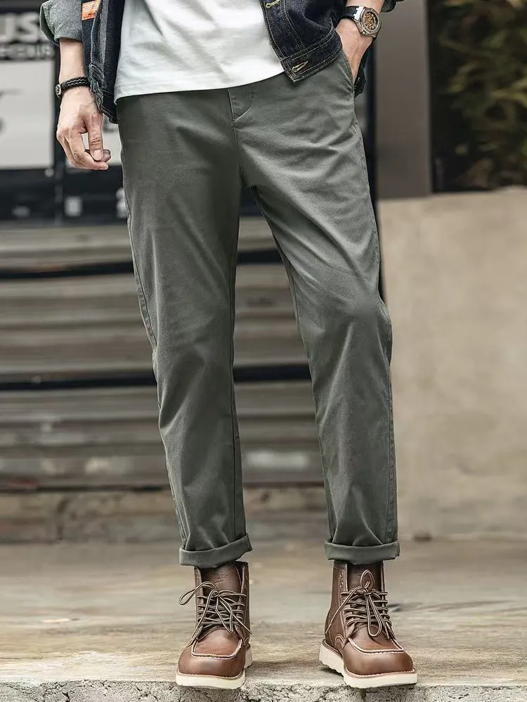 

Retro Waed Cotton Casual Pants Men's Versatile Straight Leg Nine Pointed Spring Autumn Faionable Pure Color Cone aped