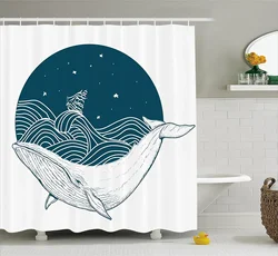 Whale Shower Curtain Big Whale Swimming in a Wavy Ocean with Stars and Old Antique Ship Artwork Print Bath Curtain For Bathroom