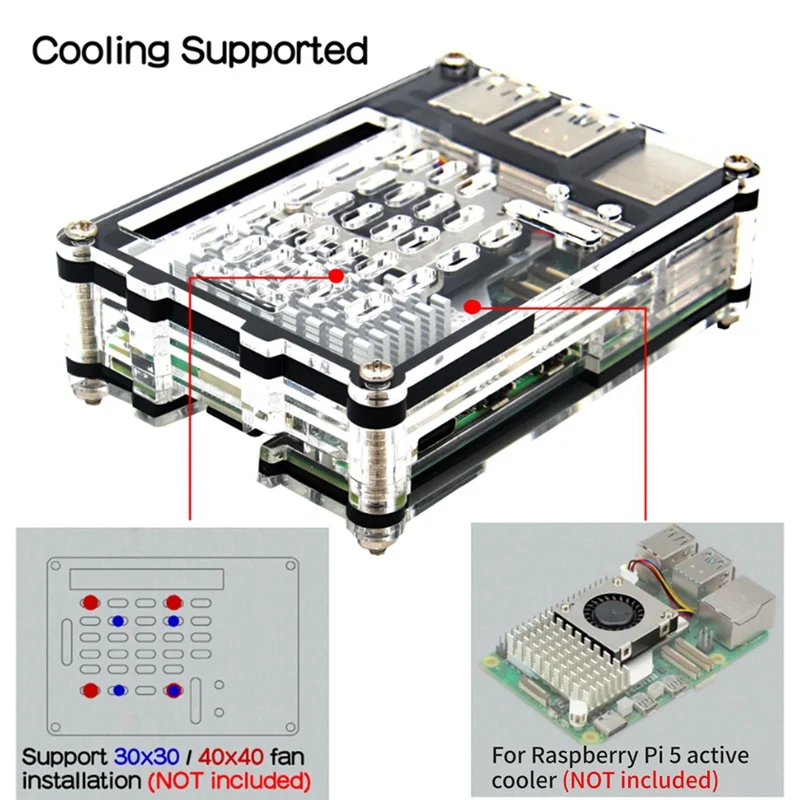 Caja de acrílico de 1 pieza como se muestra 92X67x25mm para Raspberry Pi 5, Compatible con Raspberry Pi 5 Active Cooler
