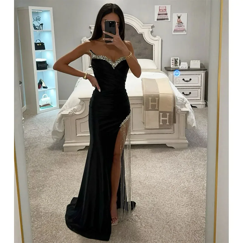 

Sexy black mermaid Prom Sequins Sweetheart Evening Dress Elegant Split Tassels Formal Long Special Occasions Party Dress