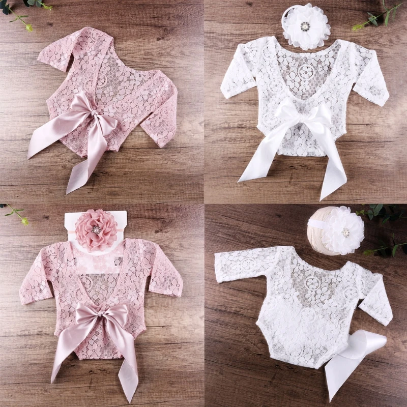 Baby Boys Girls Lace Romper Flower Headband Set Lace Jumpsuit Bodysuit Floral Hairband for Head Wrap Turban Headwear Cos