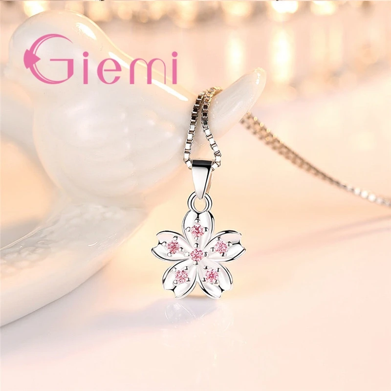 High Quality Cherry Blossoms Flowers Five Petals Design Pink Clear CZ 925 Sterling Silver Women Bridal Wedding Pendant Necklace
