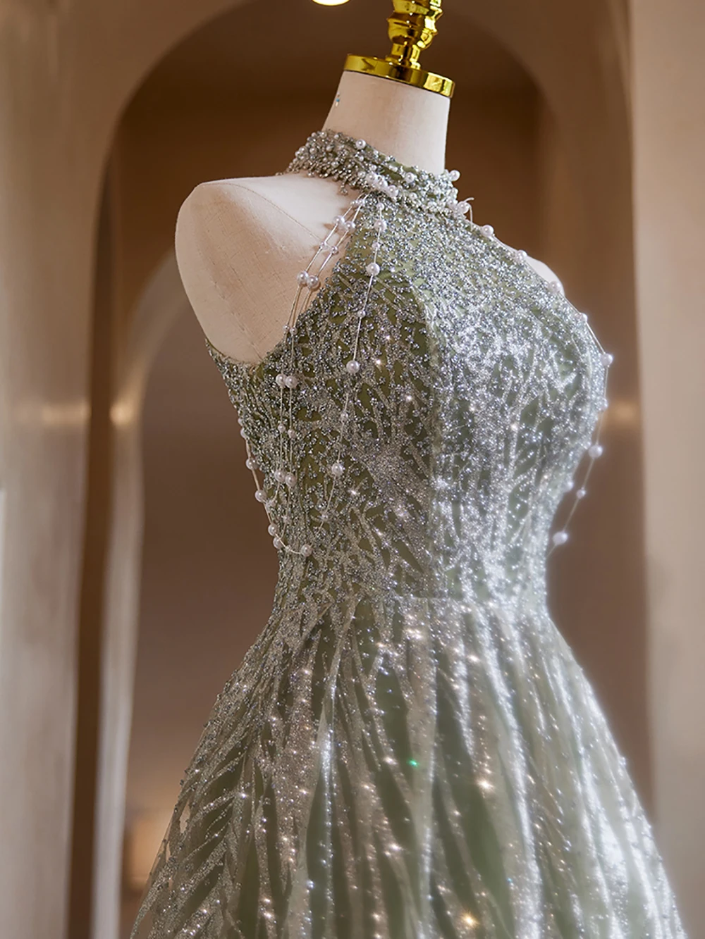 Robe de Soirée Trapèze Verte à Col Licou pour Femme, Tenue de Luxe Haut de Gamme, avec Perles, pour ixde Mariage, Nouvel Arrivage, 2024