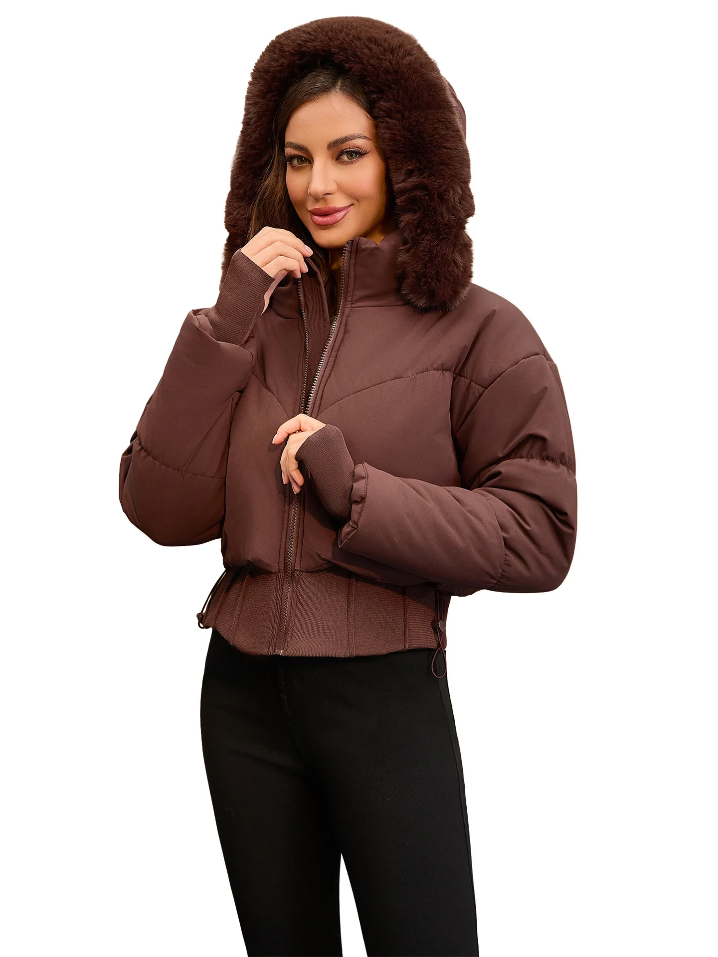 Women's Thickened Warm Cotton-Padded Jacket with Large Fur Collar And Hood Waist-Cinching 2025 Style