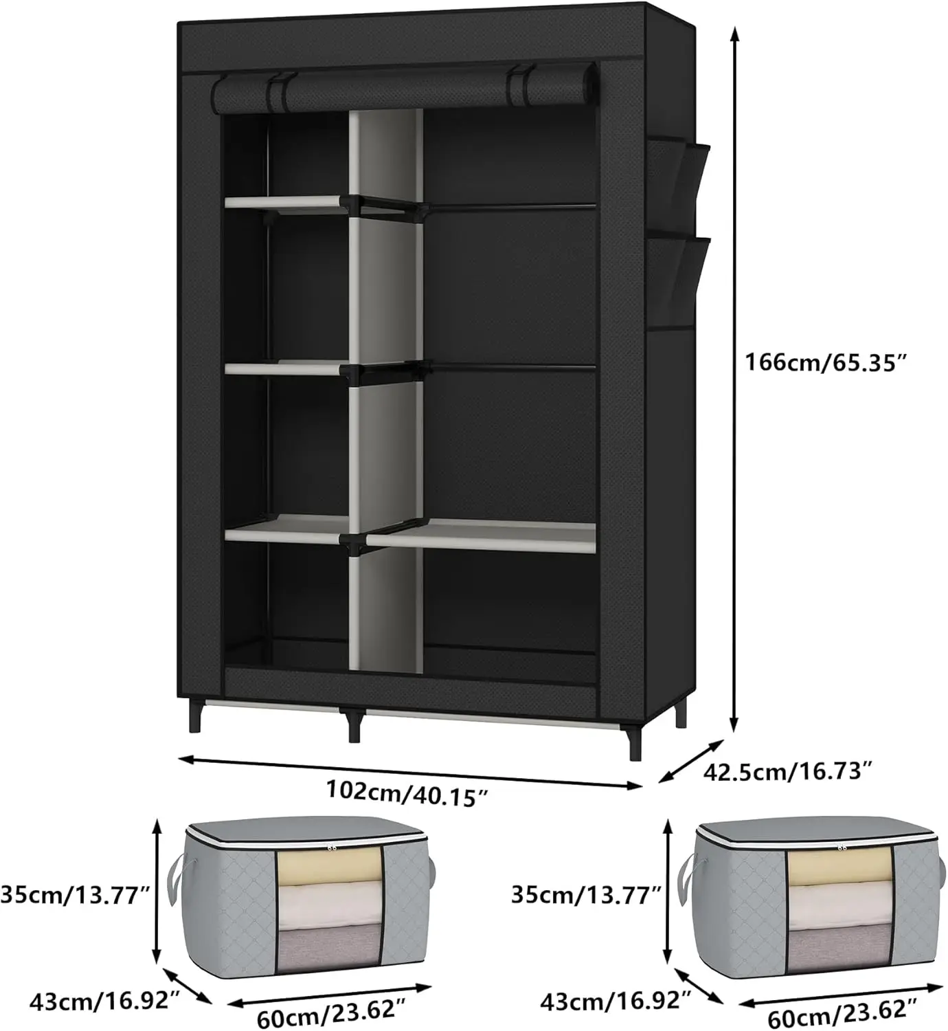 Wardrobe with 6 Shelves and Hanging Rod Storage Organizer NonWoven Fabric Cover with 4 Side Pockets includes 2 StorageBags Black image 6