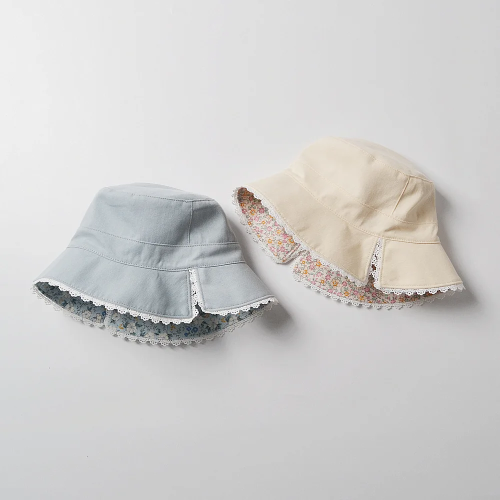 Kids Reversible Floral Bucket Hat with Lace Trim for girls Cotton Sun Protection Vocation Outdoor Photo Prop Adjustable Strap