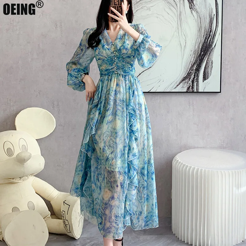 

Vintage Chiffon Party Artistic Van Gogh Print Ruffles Long Dresses Women Elegant A Line Casual Dress Aestethic High Waist Robe