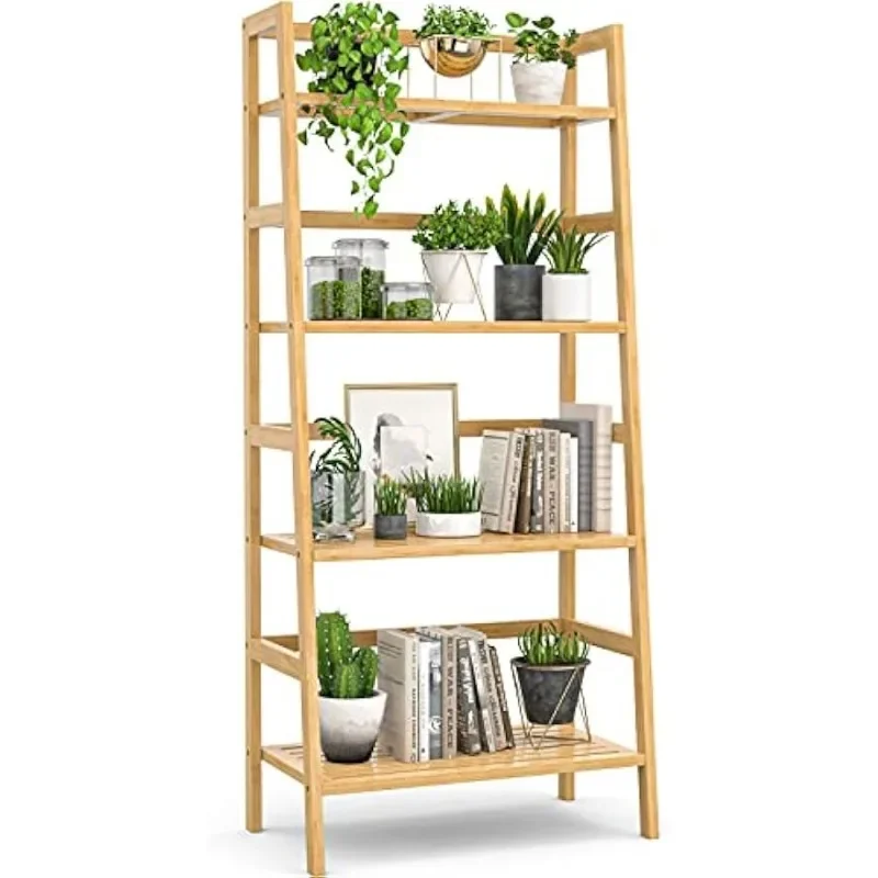 

Ladder Bookshelf, 4-Tier Bamboo Ladder Shelf 49.2” Book Shelf Bookcase Floor Freestanding Bathroom Storage Rack Plant