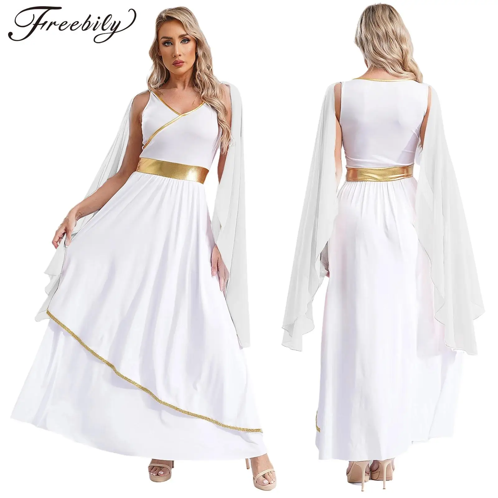 Women Halloween Ancient Greek Athena Goddesses Princess Queen Cosplay Costume Cape Sleeve Roman Toga Church Choir Worship Dress