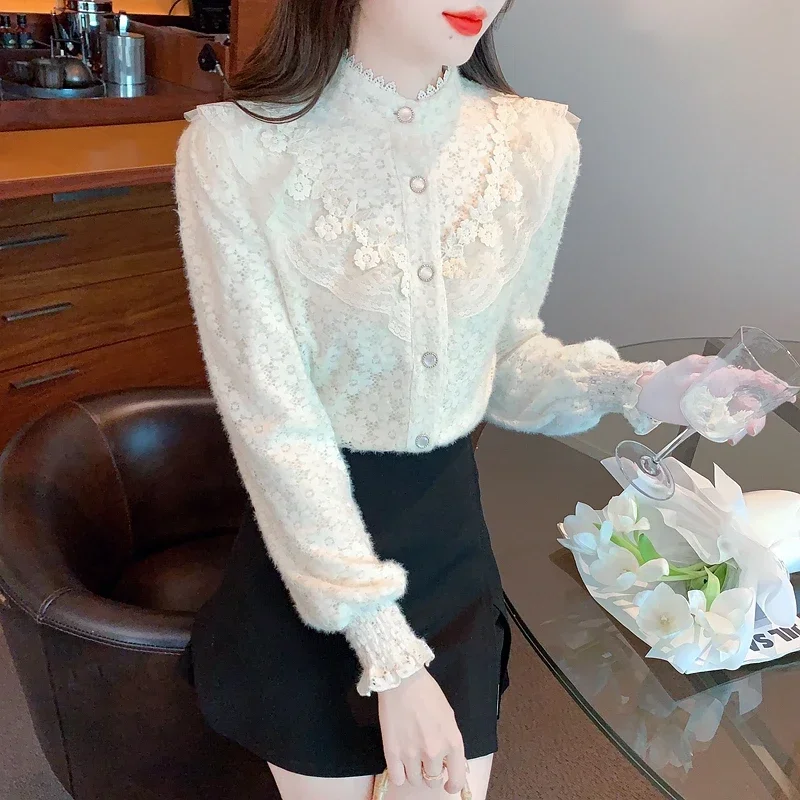 New Stand Collar Lace Women Shirt Long Sleeve Adding Velvet Thickening Shirt Blouse Women Tops Camisas Blusa Blusas Blouses M557