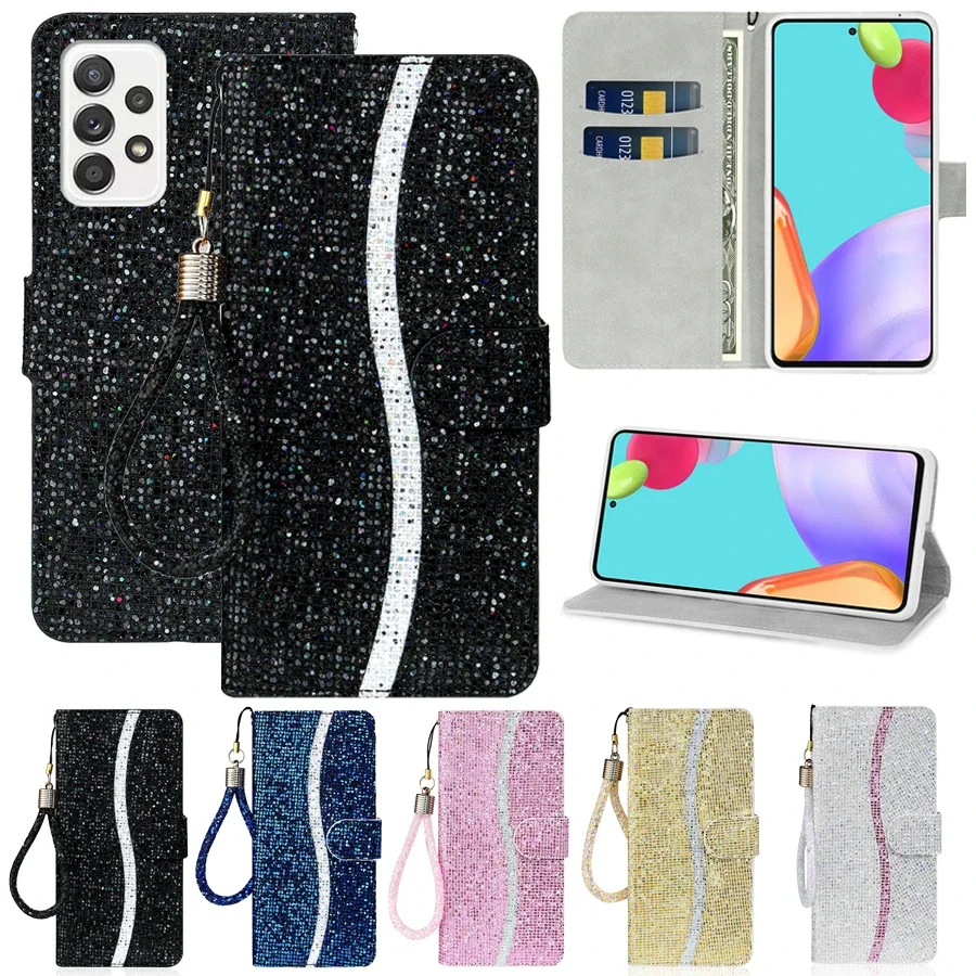 Wallet Glitter Card Flip Leather Case For Samsung Galaxy A04s A12 A13 A14 A15 A20e A21s A24 A32 A34 A35 A51 A52 A53 A54 A55 A71