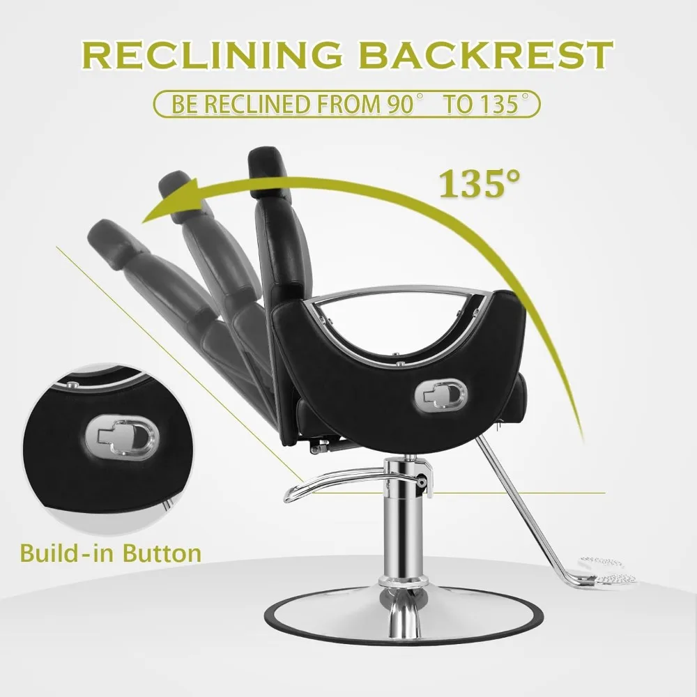 كرسي حلاق أسود مستلق لمنزل صالون الحلاقة، كرسي تصفيف صالون دوار 360 درجة لمصفف الشعر، جمال هيدروليكي قابل للتعديل H