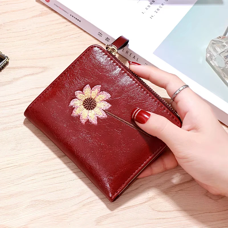 2026 New Women Purse Zipper Green Red Black Female Wallet PU Leather Card Holder Embroidery Ladies Money Bag
