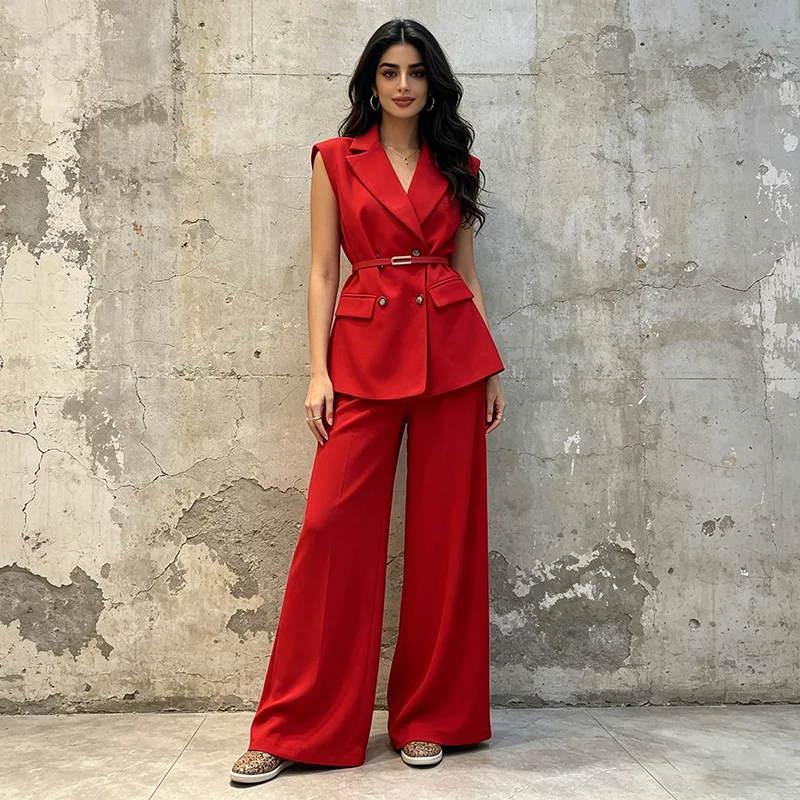 Women Sleeveless Blazer Pants 2 Piece Suit Double Breasted Belted Waist Vest Wide Leg Trouser Set Elegant Office Business Outfit