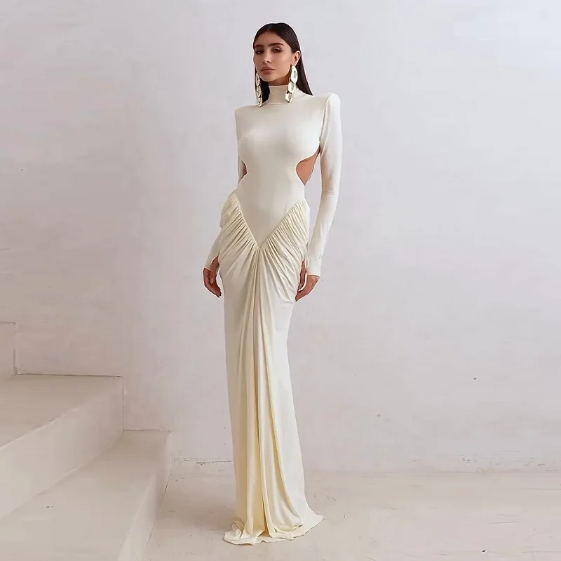 

2025 New Women's Long Sleeved Dress with Exposed Waist and Pleated Splicing for Slimming Effect Long Skirt