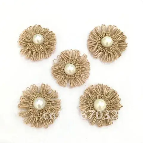 10pcs/lot Vintage Wedding Favor Rustic Wedding DIY Party Decoration Natural Jute Burlap Hessian Flower with Artificial Beads