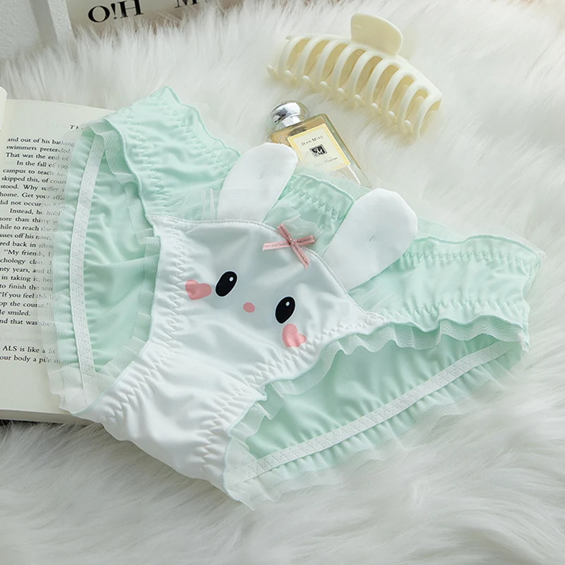 Cartoon Cute Rabbit Underpants Lolita Girls Japanese Printed Rabbit Milk Silk Panties Medium Low Waist Lace Edge Triangle Pants