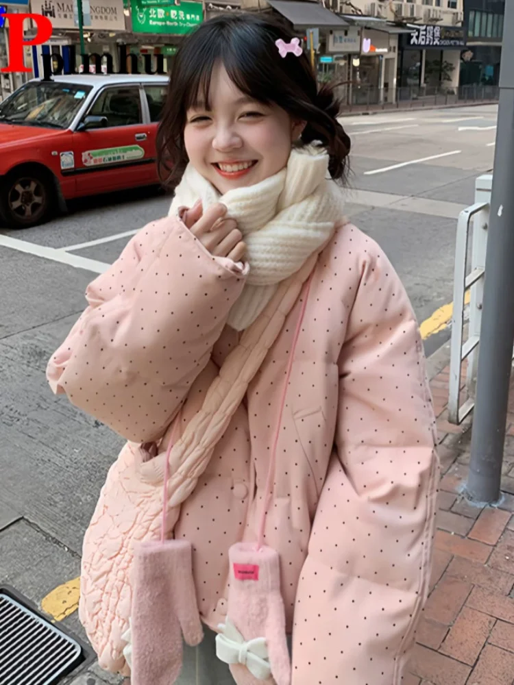 

Dot Print Korean Fashion Jackets Coat Women's Casual Baggy Warm Short Chaquetas Loose Zipper Long Sleeve New Tops Jaquetas