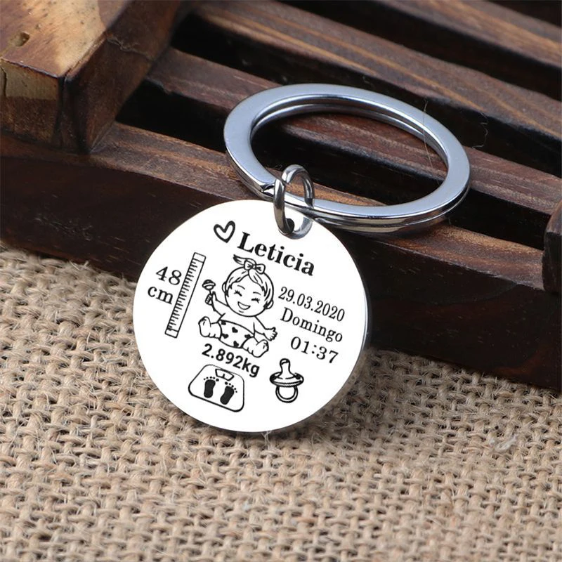 Lovely Personalized Engraved Stainless Steel Keychain Name Birth Weight Height For Newborn Baby Information Keyring Gift