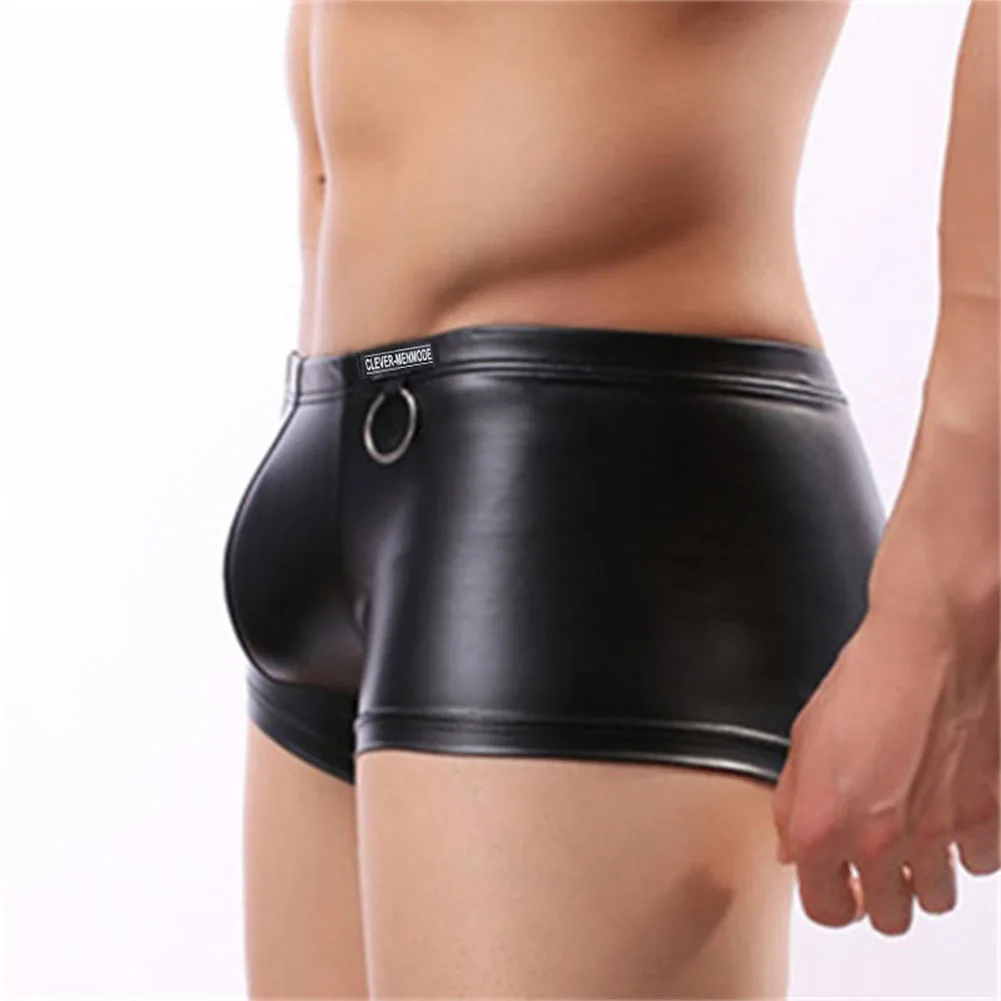 

Mens Faux Leather Underwear Trunks Metal Look Pouch Boxer Briefs Seamless Elastic Underpants Hombre Jockstrap