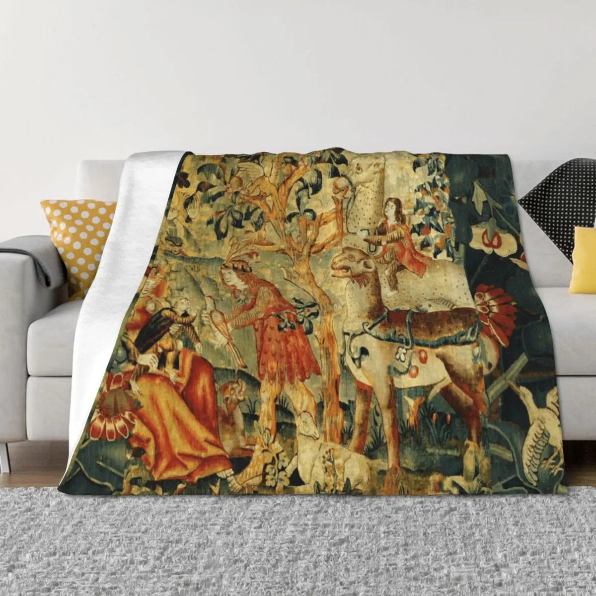 

WILD MEN, FANTASTIC ANIMALS,BIRDS IN LANDSCAPE Antique Floral Throw Blanket blankets ands Warm Fashion Sofas Blankets