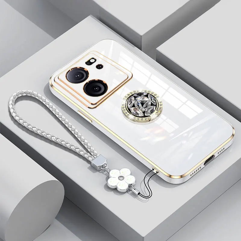 Xiaomi13T Case Luxury Diamond Ring Cover For Xiaomi 13T 12T 11T 13 12 pro Lite Phone Case With Flower Lanyard Plating Cases 13T