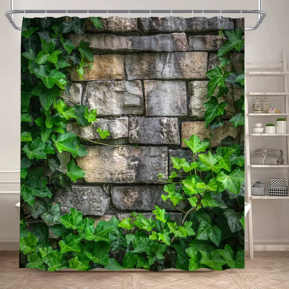 Green Leaves Shower Curtain Vine Plants Leaf Rustic Stone Wall Bamboo Barn Board Polyester Fabric Home Bathroom Curtains Decor