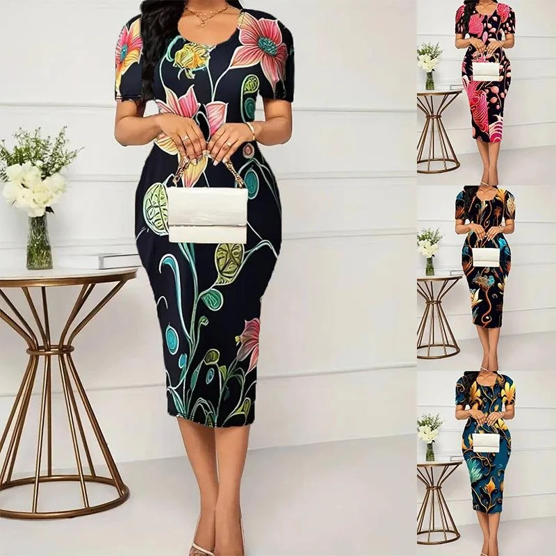 

Women's plus Size Short Printed Dress Princess Style A-Line Skirt Regular Sleeve Citywalk Long Zipper round Neck Gown