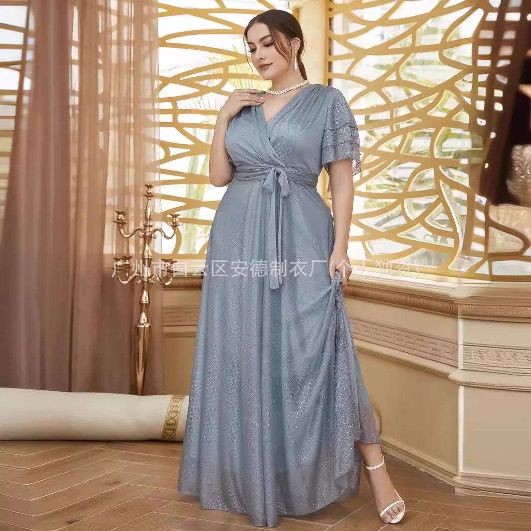 Large Women\'s Elegant Evening Dress Drop Deep V Bridesmaid Fairy Dress Plus Size High Waist Long Chiffon Dress Flare