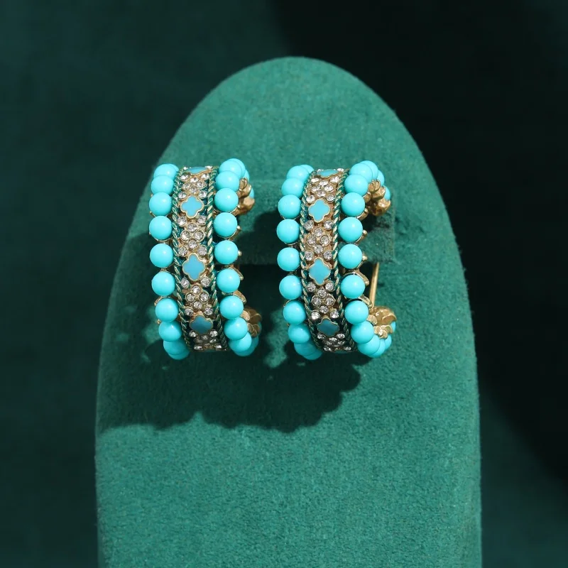 

Vintage Green Turquoise Drip Earrings Gold Color Oil Clover C-Ring For Woman Featival Accessories Antique Retro 2026 New