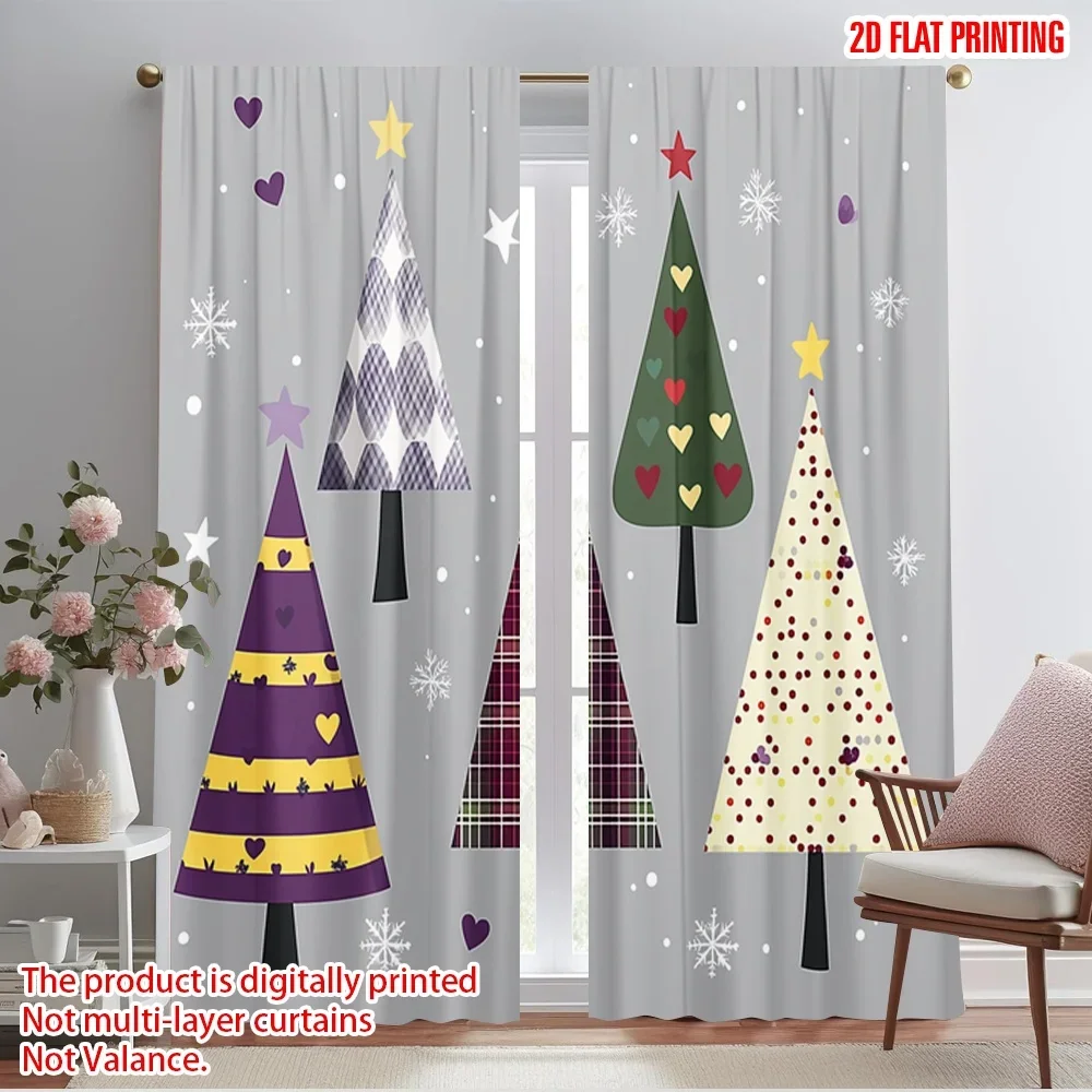 2pcs,2D plane printing Print Curtains Christmas Trees Festive Holiday Stars Versatile Fabric (without rod) Decorations Outdoor
