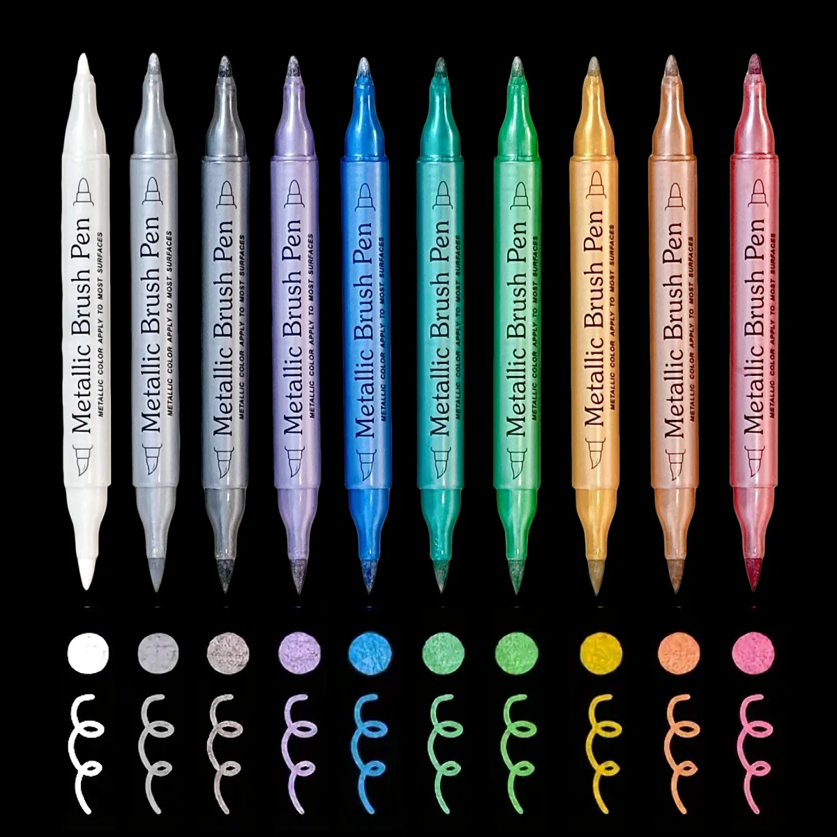 10 Pcs Metallic Dual Tip Brush & Fine Point Markers - No Bleed, Water-Based Ink, Ideal for DIY, Scrapbooking, Glass, Ceramic
