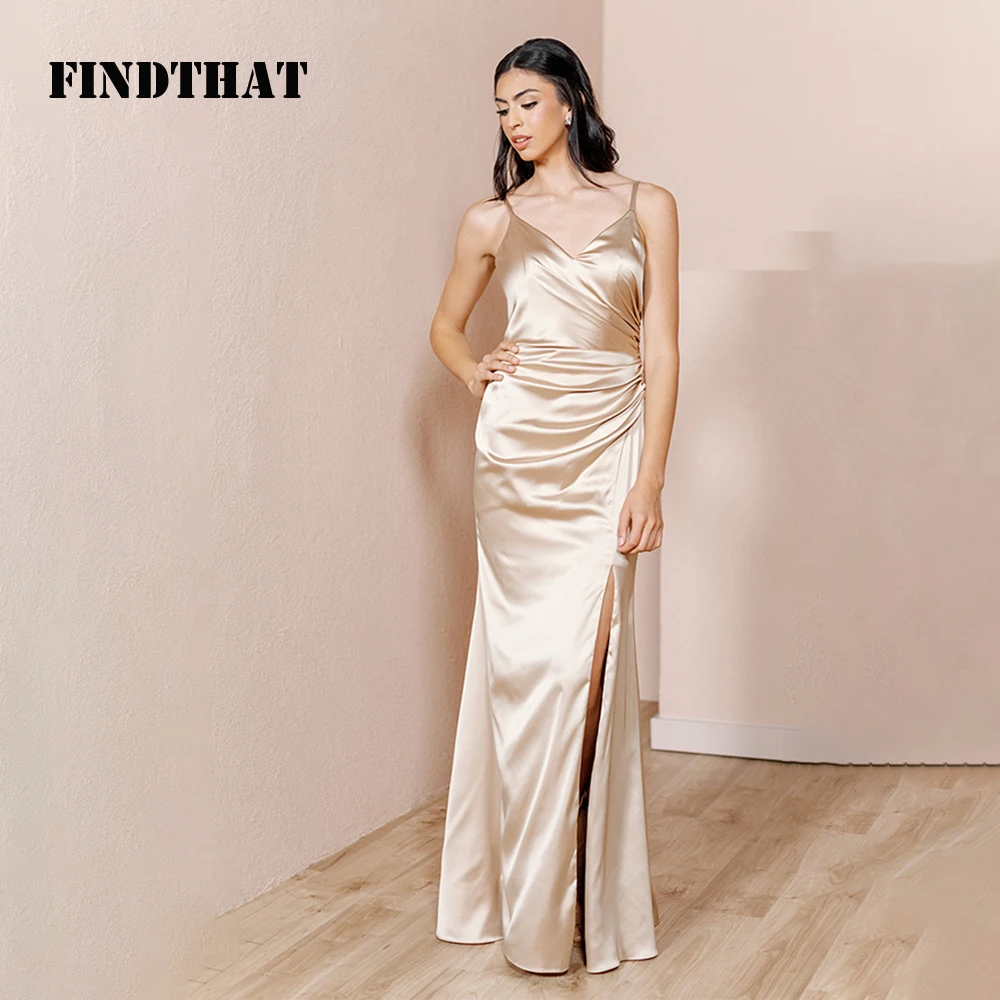 Findthat Elegant V-Neck Satin Bridesmaid Dress Sexy Spaghetti-Straps Ruched Mermaid Evening Formal Gowns with Slit Floor Length