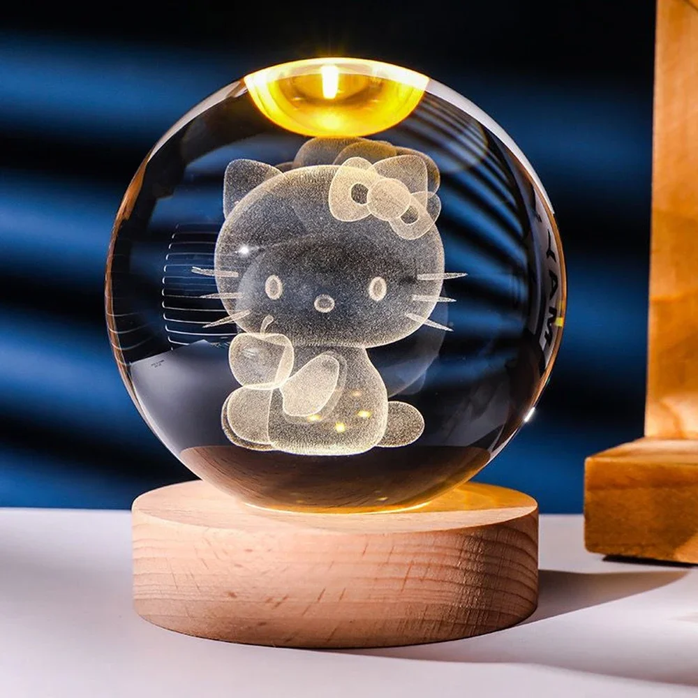 6cm 3D Crystal Ball Pikachu Stitch Doraemon A Dream Hello Kitty Crystal Planet Night Light Laser Carving Children\'s Gifts