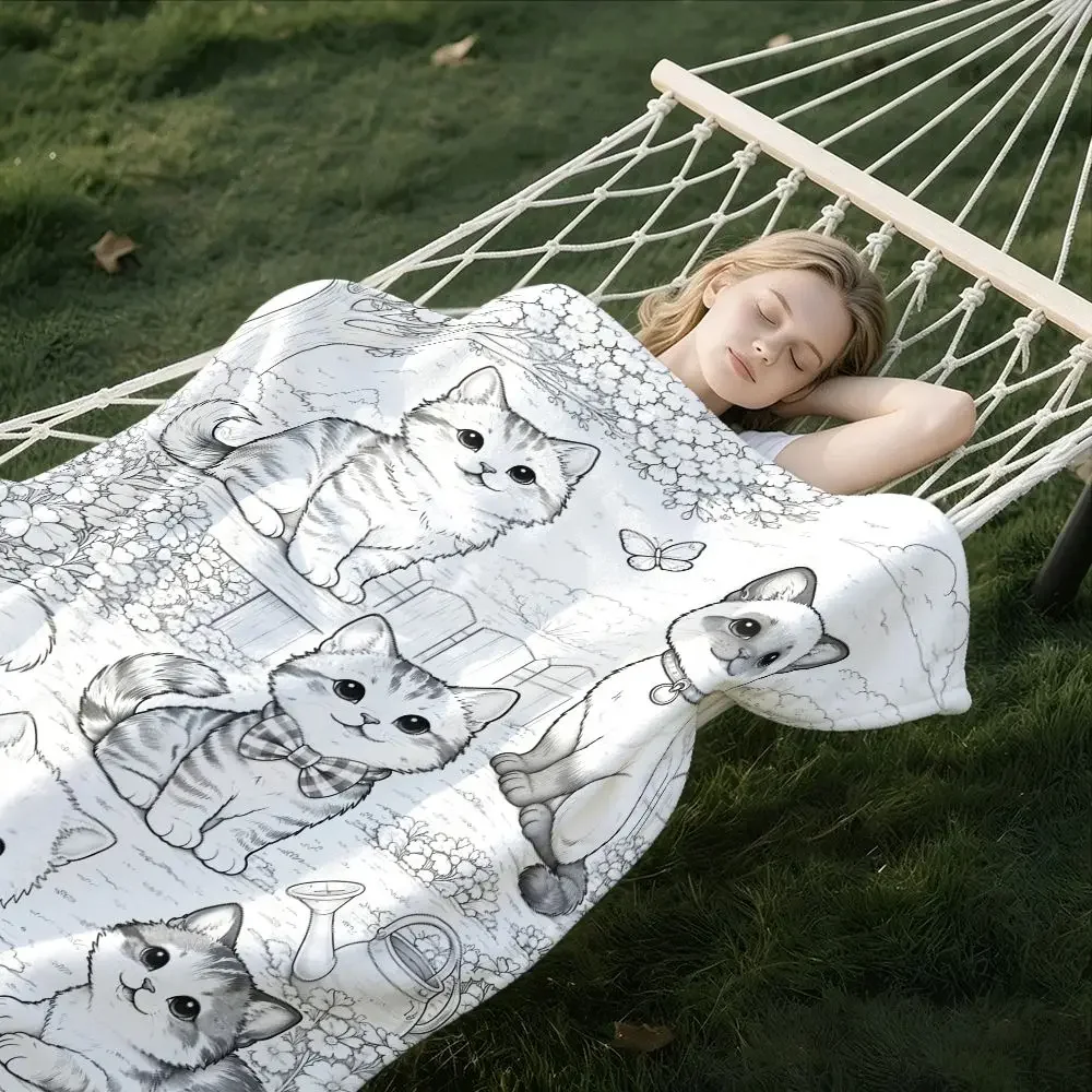 1pc Hand‑Drawn Cute‑Cat‑Garden‑Sketch‑Print Throw Blanket, Sofa Decor, Skin‑Friendly Stress‑Relief DIY Coloring Home Gift