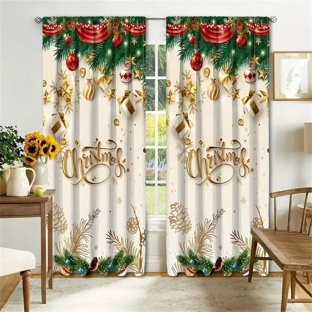 Christmas Ornament Curtains Baubles Pine Branch Print Window Drapes Living Room Bedroom Holiday Decor 2 Panels Xmas Curtain