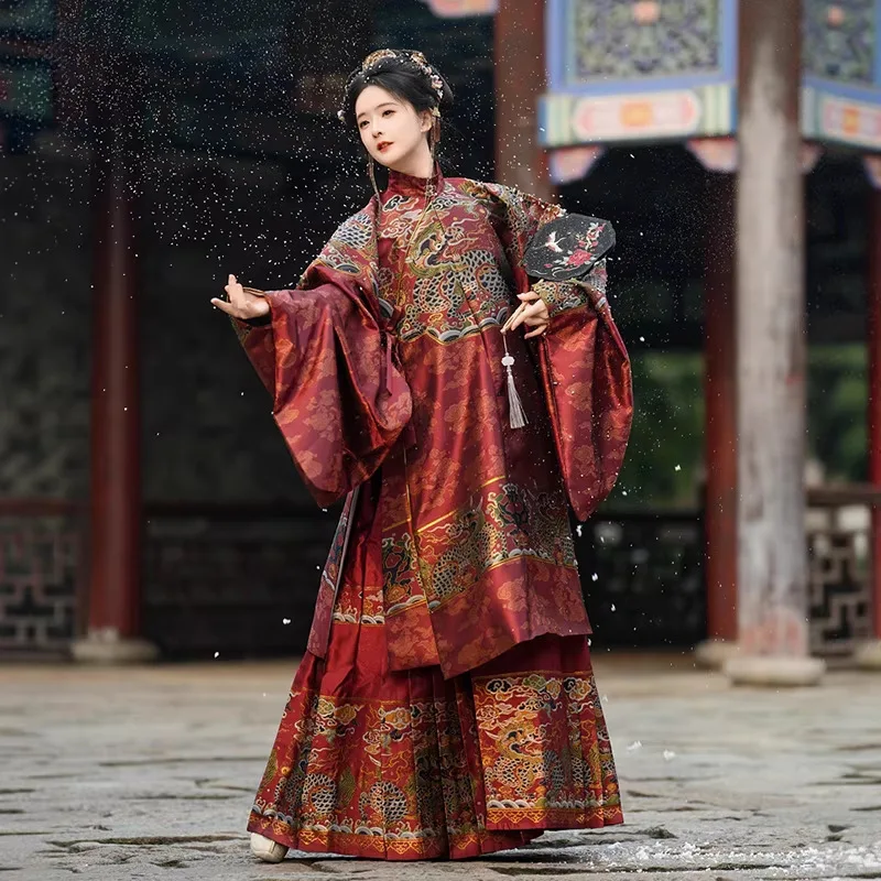 

255-Ming Dynasty Hanfu [Ming Dynasty Noble Woman] Weaving Gold Collar Long Coat Gorgeous Makeup Flower Horse Face Skirt Set
