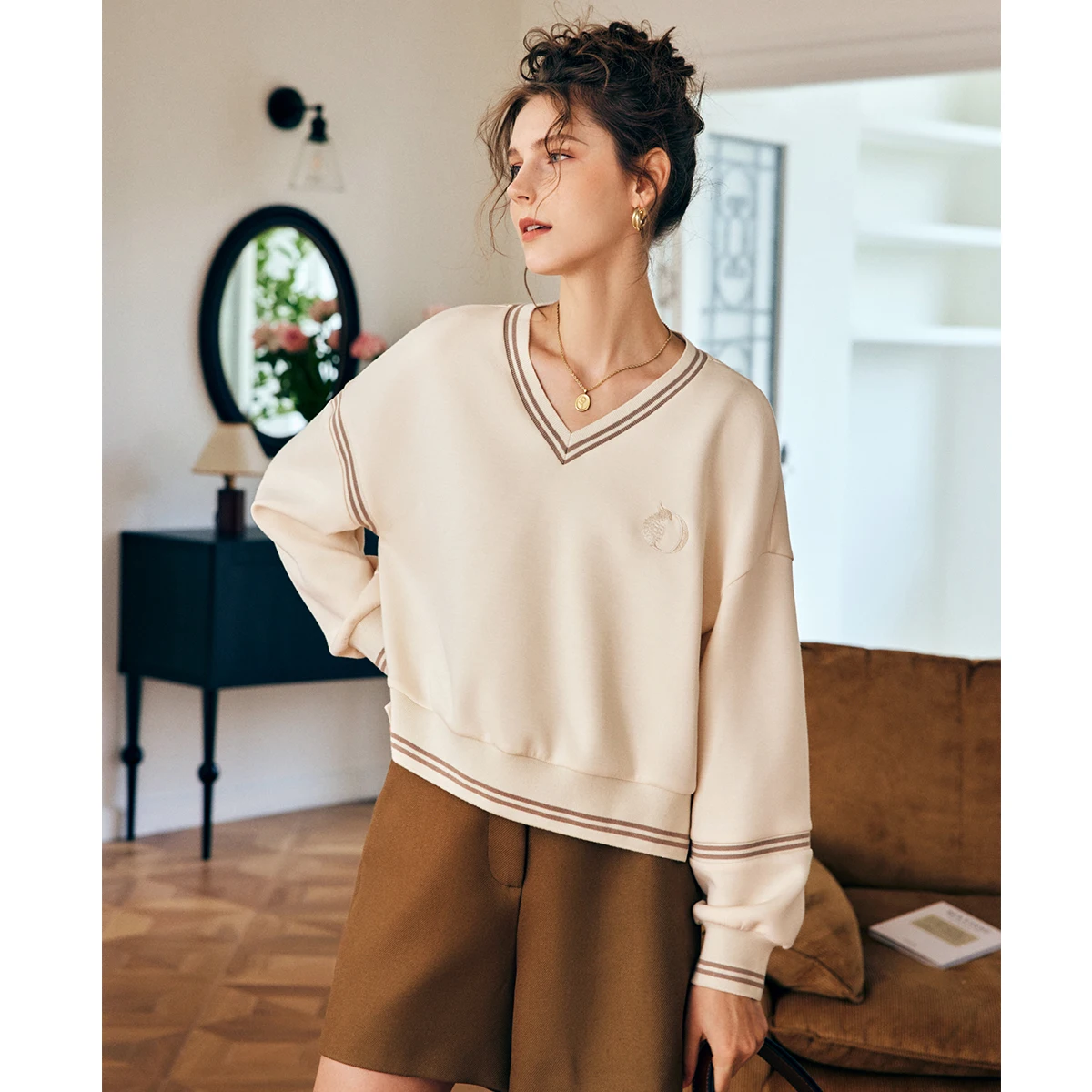 OLrain Women Pullovers 2025 Spring Summer French V-Neck Pullover Hoodies Loose Colorblock Air Cotton Tops Casual Chic N56QR63285