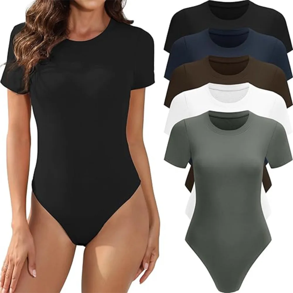 Women Short Sleeve Round Neck Basic Bodysuit Stretchy Slim Fit Flattering Casual Daily Streetwear Comfy