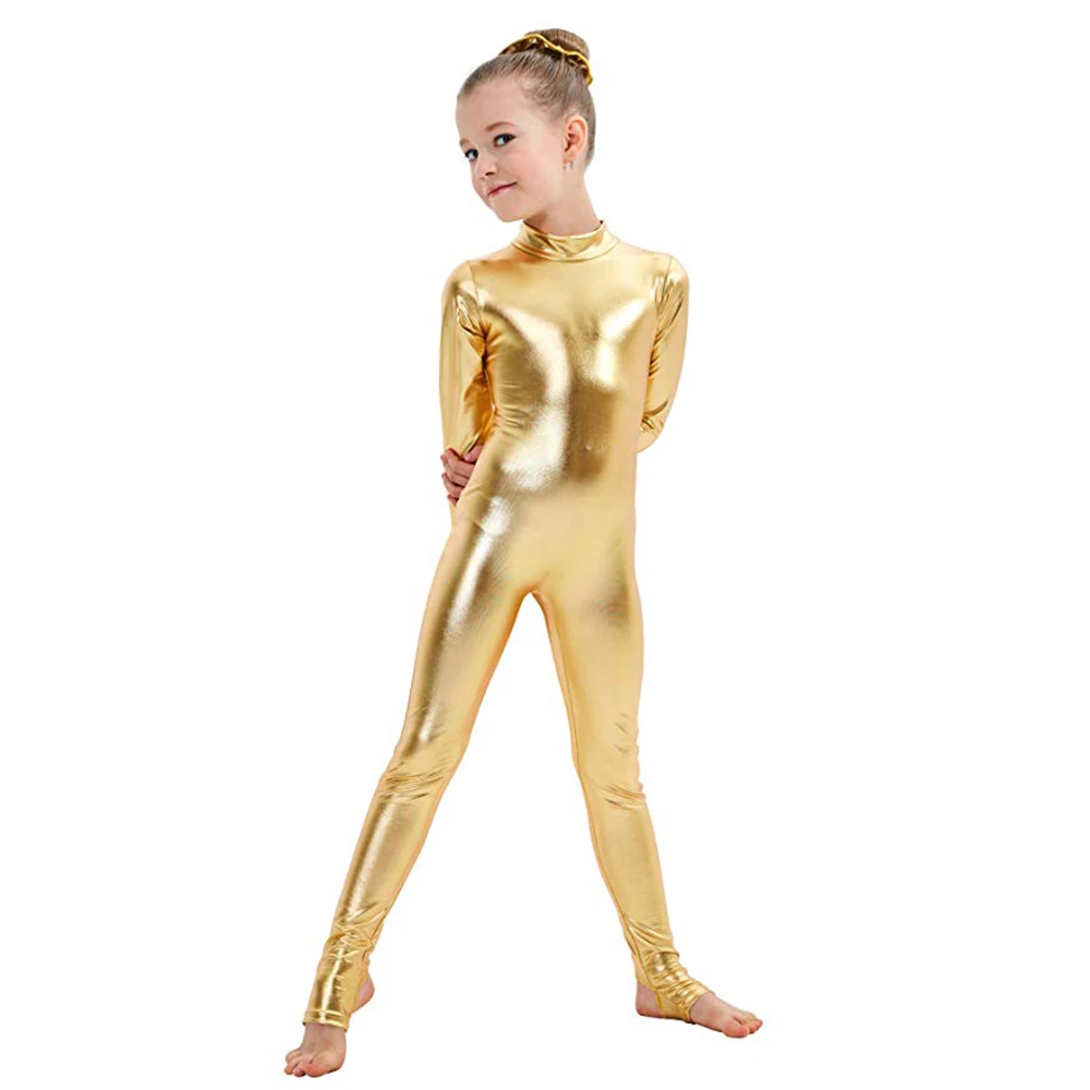 SPEERISE Kids Long Sleeve Metallic Unitards Stirrups Dance Gymnastics Leotards Girls Shiny Dancewear Stage Performance Show Suit