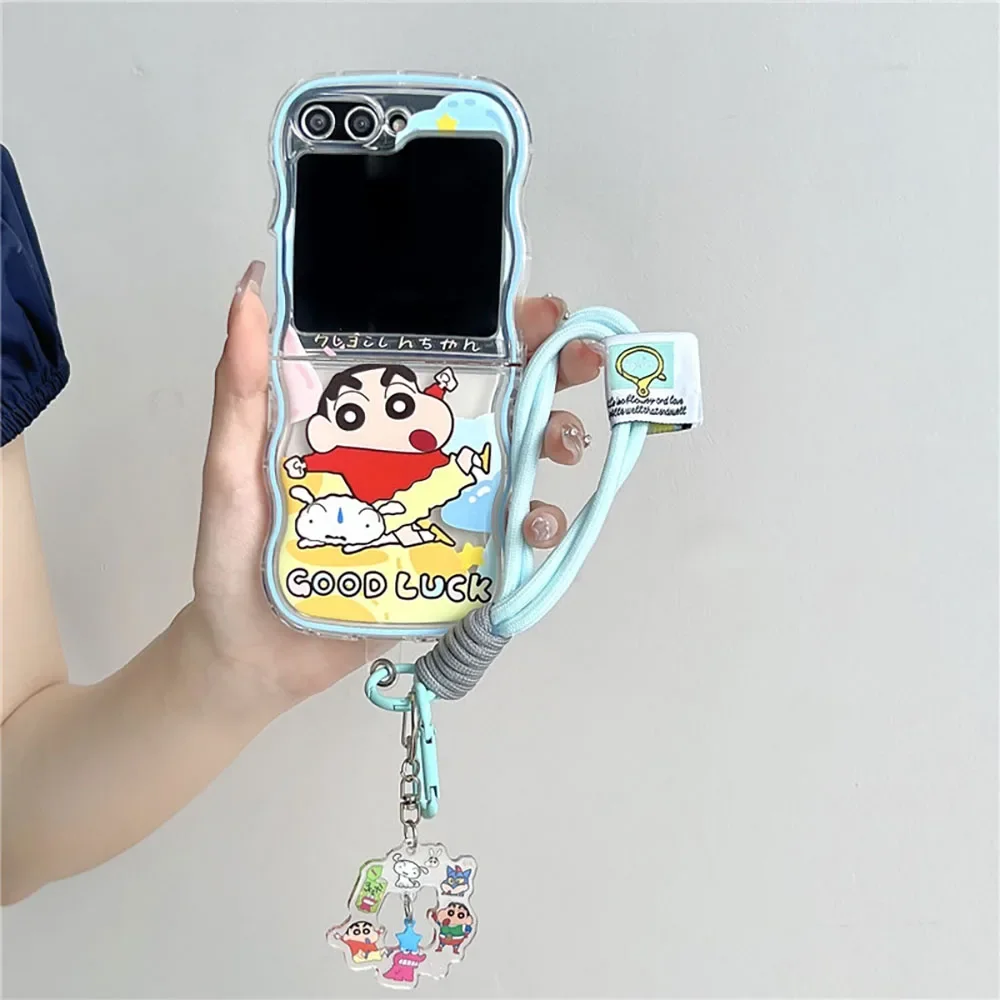 Kawaii S-Shin-chans With Lanyardd Phone Case for Samsung Galaxy Z Flip 3 4 5 Z Flip 6 5G PC Hard Anti-fall Back Cover Anti-fall