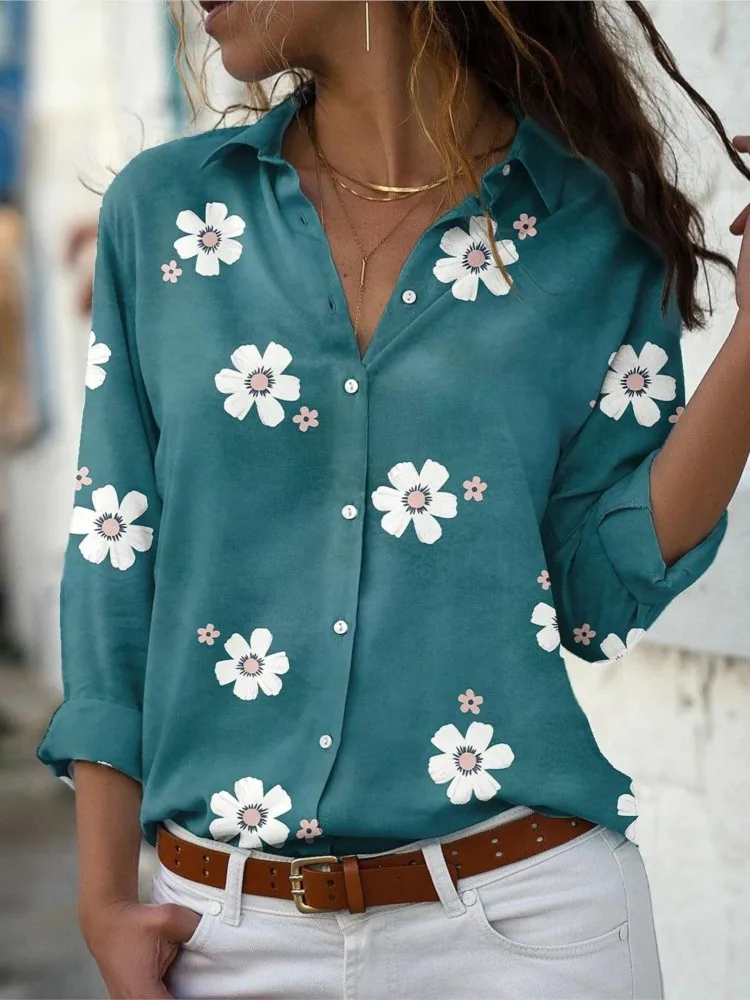 New Women\'s Spring Summer Fashion Floral Print Long Sleeved Sexy Slim Fit Casual Loose Button Lapel Long Sleeved Shirt