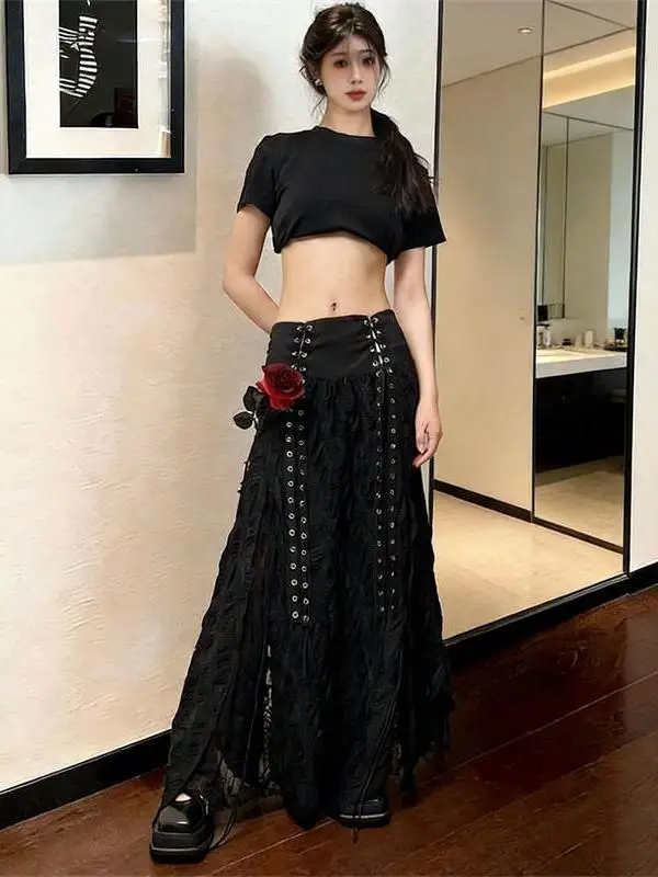High Waist Mesh Belted Dark Style Retro Design Street Fashion  Skirt for Ladies Spring Season A-Line Skirt Loose Fit