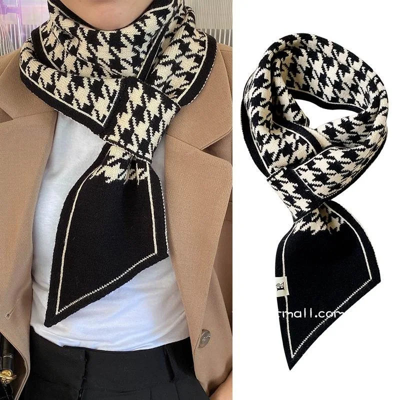 Warm Winter Knitted Neck Tie Checker Leopard Scarf for Women Houndstooth Zebra Pattern Neckerchief Skinny Small Lady Scarf 2024