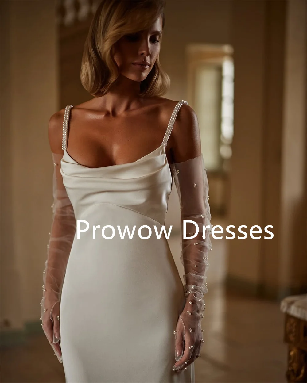 

Prowow Sexy Mermaid Wedding Dresses Scoop Neck Floor Length Bridal Gowns Pearls Straps Customized Sleeveless Backless Pleats