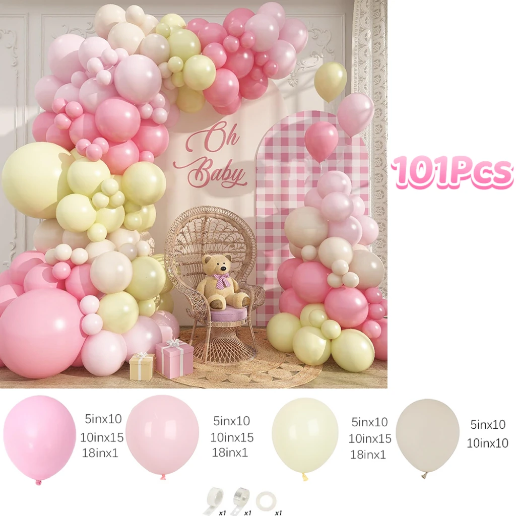 101Pcs Pink and Yellow Balloon Arch Kit White Sand Balloons for Bear Themed Birthday Bridal Baby Shower Wedding Party Decoration