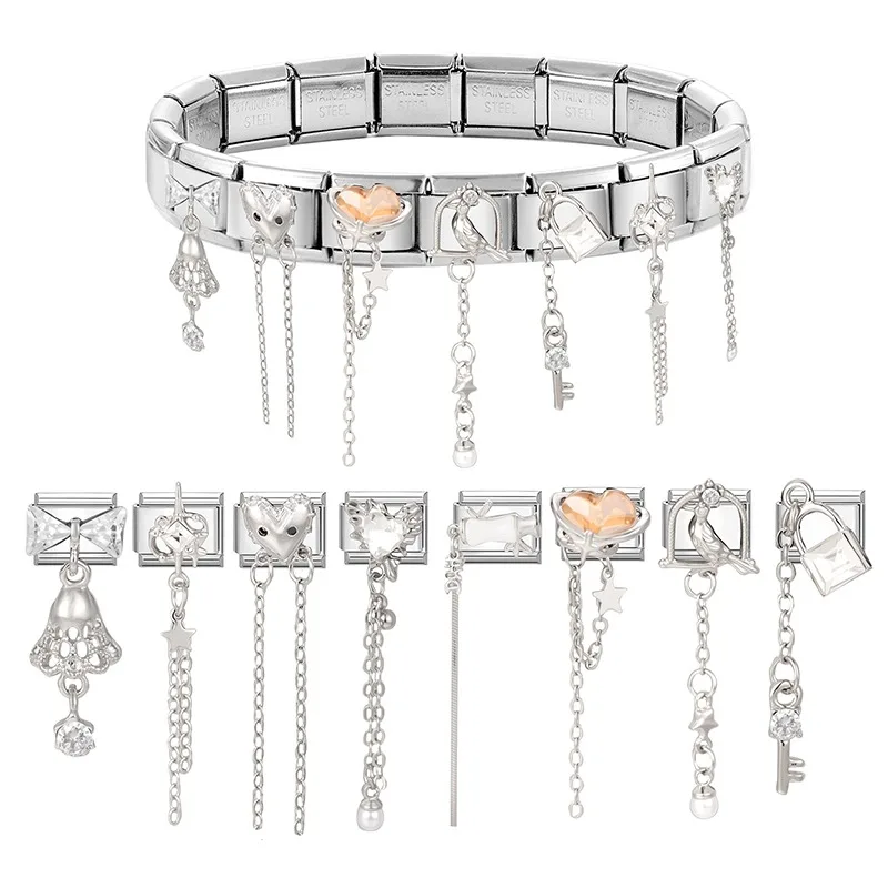 2026 Wholesale Love Heart Lock Bright Zircon Long Pendant Italian Charm Links Fit 9mm Stainless Steel Bracelet DIY Making Gifts