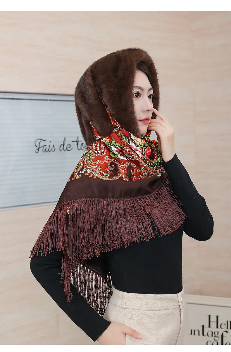 Kunstfell-Minkmütze für Damen mit Schal, Winter-Wärme-Kapuzenumhang, luxuriöser russischer Stil, Poncho mit Quasten, modische Outdoor-Kopfbedeckung – Detail 1