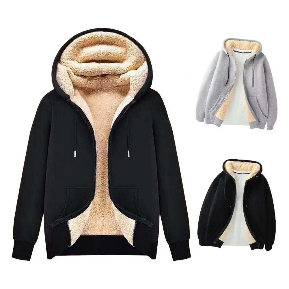 

Men's Hooded Fleece Jacket Winter Thickened Zipper Closure Warm Hoodie Casual Zip-up Plain Sweatshirt Coat for Autumn Winter